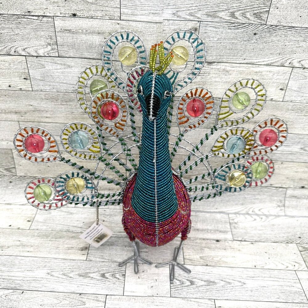 NWT BeadWorx Grass Roots Wired Colored Glass 13" Beaded Peacock Figurine